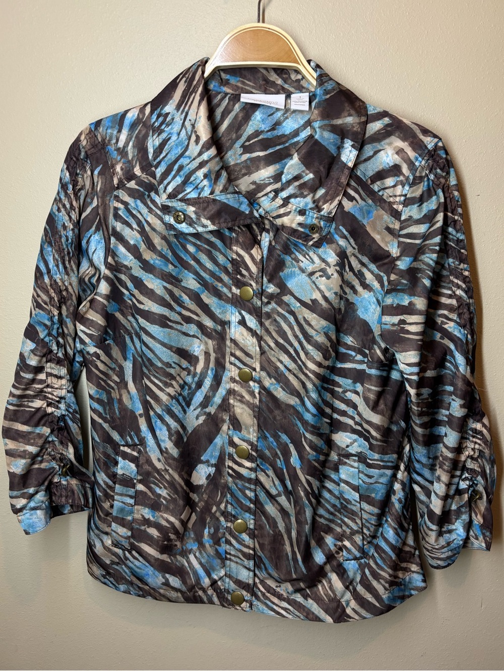 Chico’s Snap Front Lightweight Jacket - Blue Zebra Pattern, Chicos size 1, Med.